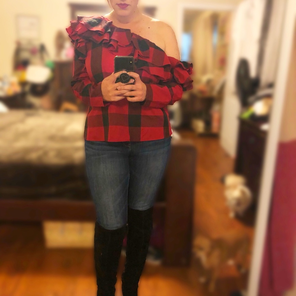 Gresyn Off One Shoulder Ruffle Plaid Checkered Top - Picture 2 of 8